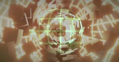 Rotating panels forming fractured wireframe sphere inside glowing grid tunnel, Stock Photos