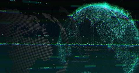 Rotating particle-based globe moving across virtual dashboard, showing halftone Stock Illustration