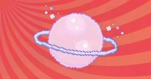 Rotating pixel-art planet with ring over radial stripes, with pixel sparkles and Stock Illustration