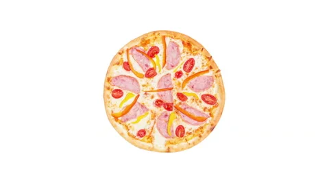 Rotating pizza with ham sweet peppers and tomatoes isolated on a white Stock Footage 88475137