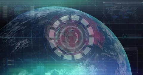 Rotating planet Earth displaying concentric HUD reticle, grid lines, data Stock Illustration