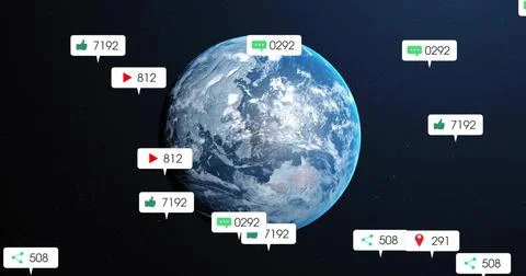 Rotating planet Earth floating in space with thumbs-up, play, comment, share and Stock Photos