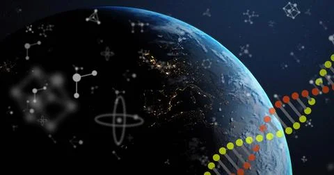 Rotating planet Earth in orbital view, showing terminator line and city lights, Stock Illustration