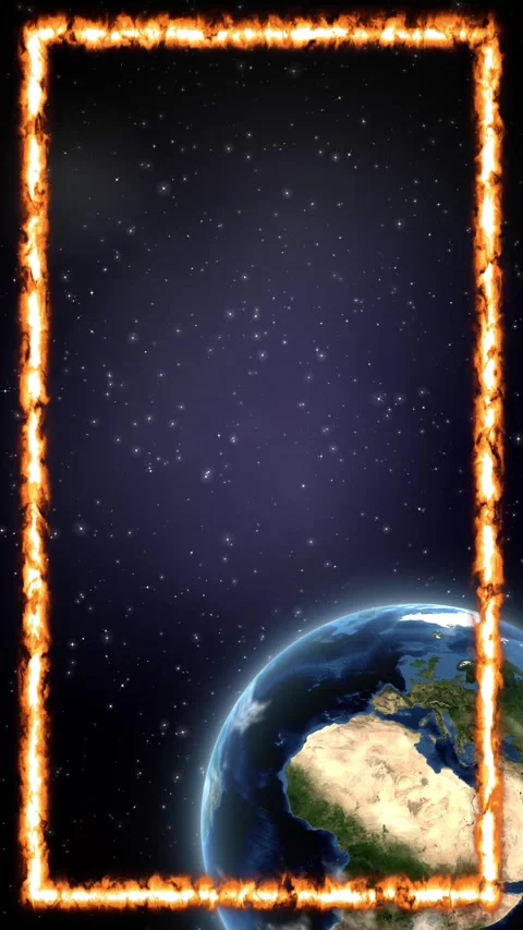 Rotating Planet Earth in Space with Burning Fire Frame Border Stock Footage 346571587