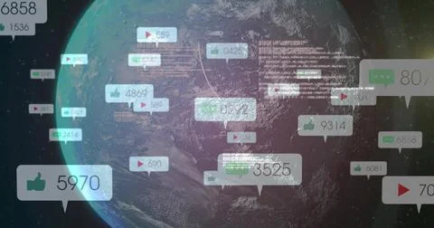 Rotating planet Earth in space showing floating bubbles, thumbs-up and play Stock Illustration