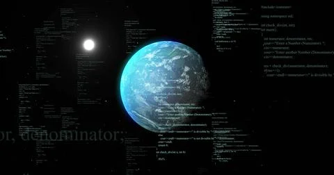 Rotating planet Earth spinning in outer space, floating C++ code fragments and Illustration