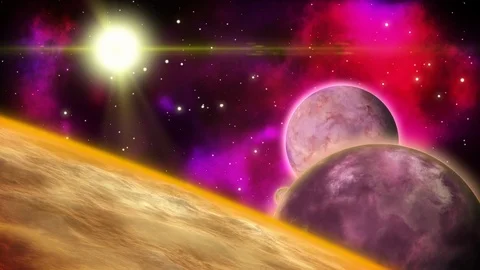 Rotating planets in the deep space with twinkling stars and nebulae. Loop. Stock Footage 97923067