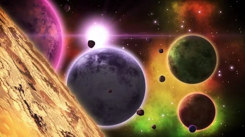 Rotating planets in the distant cosmos. Space art collection. Loop. Stock Footage