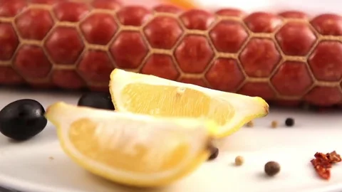 Rotating Plates Of Sausages Video stock 76472057