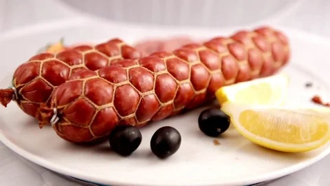 Rotating Plates Of Sausages Stock Footage 76472214