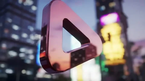 Rotating Play Button Against Urban Skyline at Twilight Stock Footage 313324234