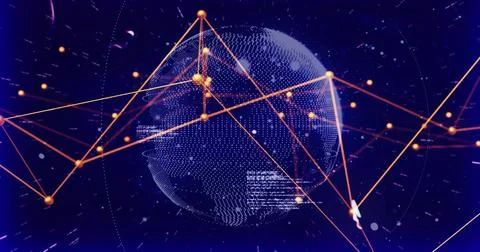 Rotating point-cloud globe forming continents in virtual data space, showing Stock Photos
