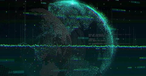 Rotating point-cloud globe pulsing teal and blue particles at monitoring dash Stock Illustration