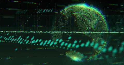 Rotating pointcloud globe pulsing clusters in HUD, showing teal waveform, Foto stock