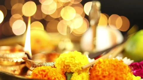 Rotating Pooja Ki Thali Decorated With Mithai, Diya, Deep, Flowers Stock Footage 163425701