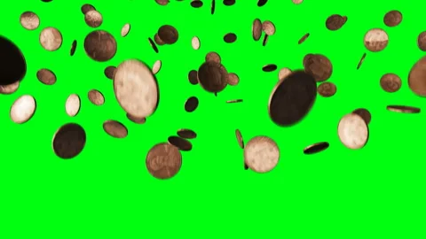 Rotating pound coins raining down against a green screen Stock Footage 89238652