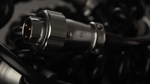 Rotating Power Cables and Connectors for Studio Equipment. Stock Footage 258441020