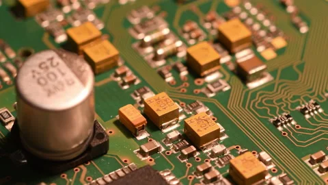 Rotating printed circuit board with microprocessors and capacitors. Stock Footage 209234674