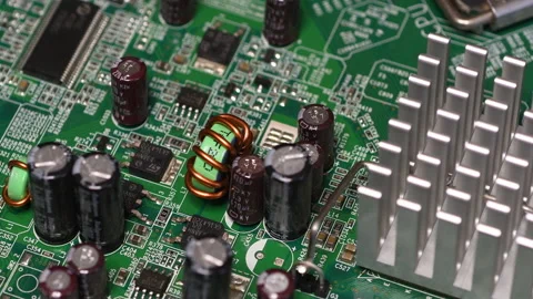 Rotating printed circuit board with microprocessors and capacitors. Stock Footage 209239265