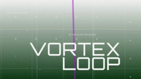 Rotating purple wireframe expanding and locking VORTEX LOOP title on green grid, Stock Footage 311474995