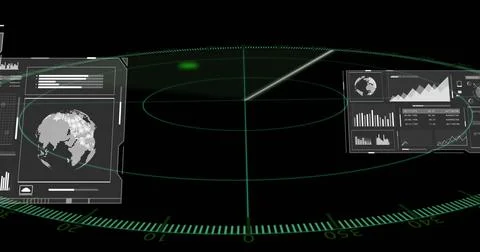 Rotating radar grid sweeping command HUD displaying globe with data charts and 스톡 일러스트