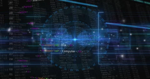 Rotating radial graphic starting HTML tags sliding, terms pulsing streaming Stock Footage 313640113