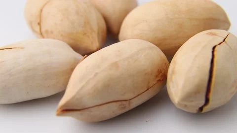 Rotating of raw pecan nuts on white background. Side view. Stock Footage 136050546
