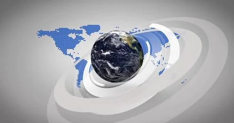 Rotating realistic Earth globe above platform in digital set, showing blue Stock Illustration