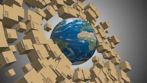 Rotating realistic model of planet earth with a belt from the delivery boxes Stock Footage 83988794
