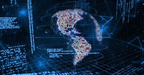 Rotating red and white points forming 3D globe over dark-blue grid, with light Stockillustratie