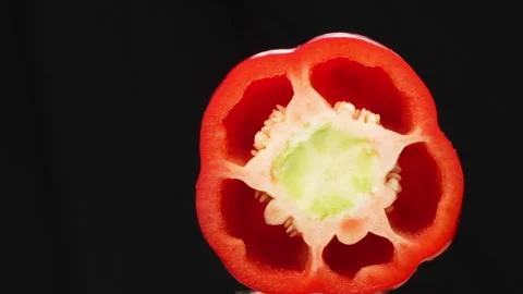 Rotating Red Bell Pepper Cross Section Macro Close Up Black Background Stock-Footage 325565778