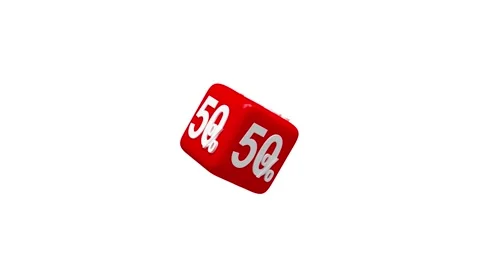 Rotating red cube with white 50 percent symbols, 3D animation. Stock Footage 334950418