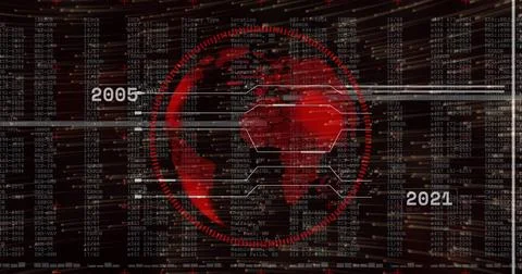 Rotating red globe with hexagonal overlay and HUD rings on digital dashboard, Illustrazione stock