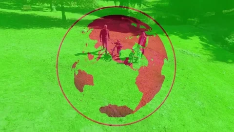 Rotating red globe overlay shifting two adults holding kid on bike while kid 스톡 동영상 331005903
