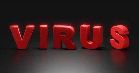 Rotating red text "VIRUS" on a dark background. Stock Footage 254723543