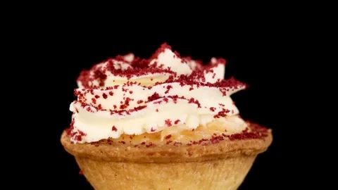 Rotating Red Velvet Cream Tart on Black Background Stock Footage 315419853