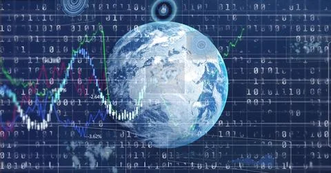 Rotating rendered Earth globe showing colored financial charts in virtual grid, Illustrazione stock