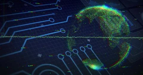 Rotating RGB point-cloud globe hovering on dark grid plane, showing circuit Stock Illustration