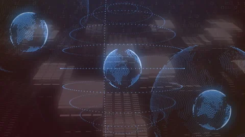 Rotating rings and binary code animation over digital Earth with cityscape Stock Footage 303793754