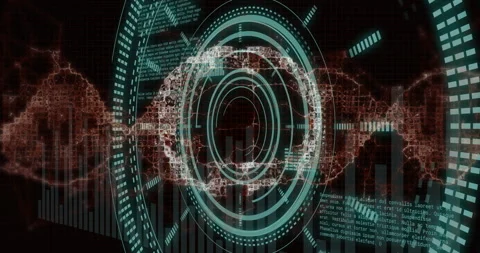 Rotating rings and data processing elements in futuristic digital interface Stock Footage 303462751