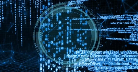 Rotating rings starting HUD formation, Cyber Security dimming, code streams Stock Footage 329122608