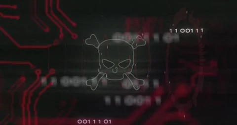 Rotating rings starting sliding circuit traces and glitching forming skull and Stock Footage 316623832