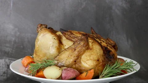 Rotating Roasted Chicken and Root Vegetables Stock Footage 162200626