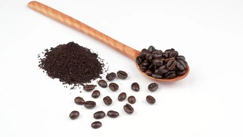 Rotating Roasted Coffee Beans And Ground Coffee White Background Stock Footage 331932709