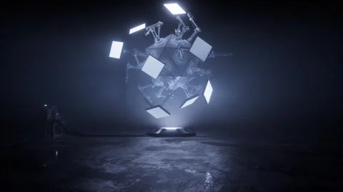 Rotating robotic sphere with flashing light panels, wide view Stock Footage 346781774