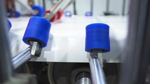 Rotating rollers apply foil to plastic windowsills in shop Stock Footage 304428214