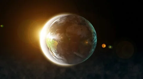 Rotating romantic earth with atmosphere, space dust and eclipse lens flare Stock Footage 41757702