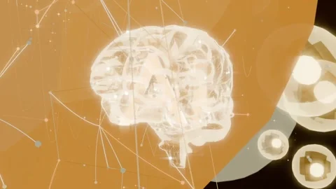 Rotating schematic brain pulsing as orange plane sweeping across digital space Stock-Footage 337964517