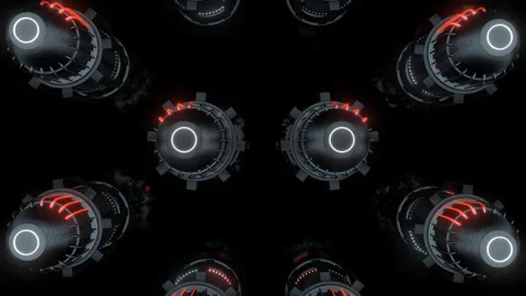 Rotating sci-fi cannons with white rings and red lights on black Stock Footage 346778890