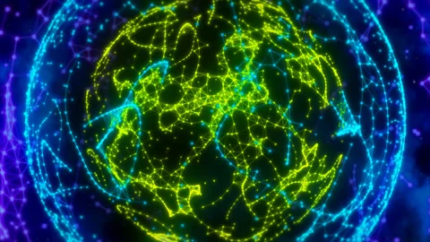 Rotating sci-fi magic spheres hud plexus style element connect. Abstract sphe Stock Footage 247715162
